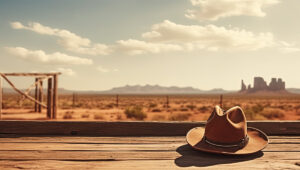 A hat sitting on a piece of wood in front of a West Texas farmland landscape.